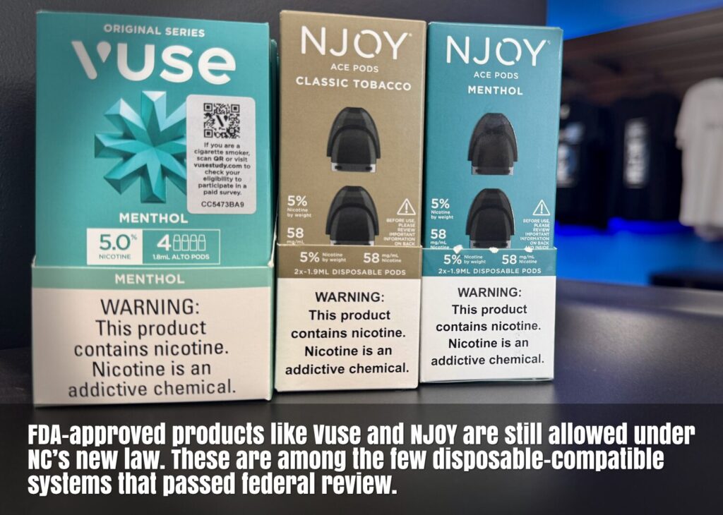 FDA-approved vape brands like Vuse and NJOY displayed at Carolina Cloudz