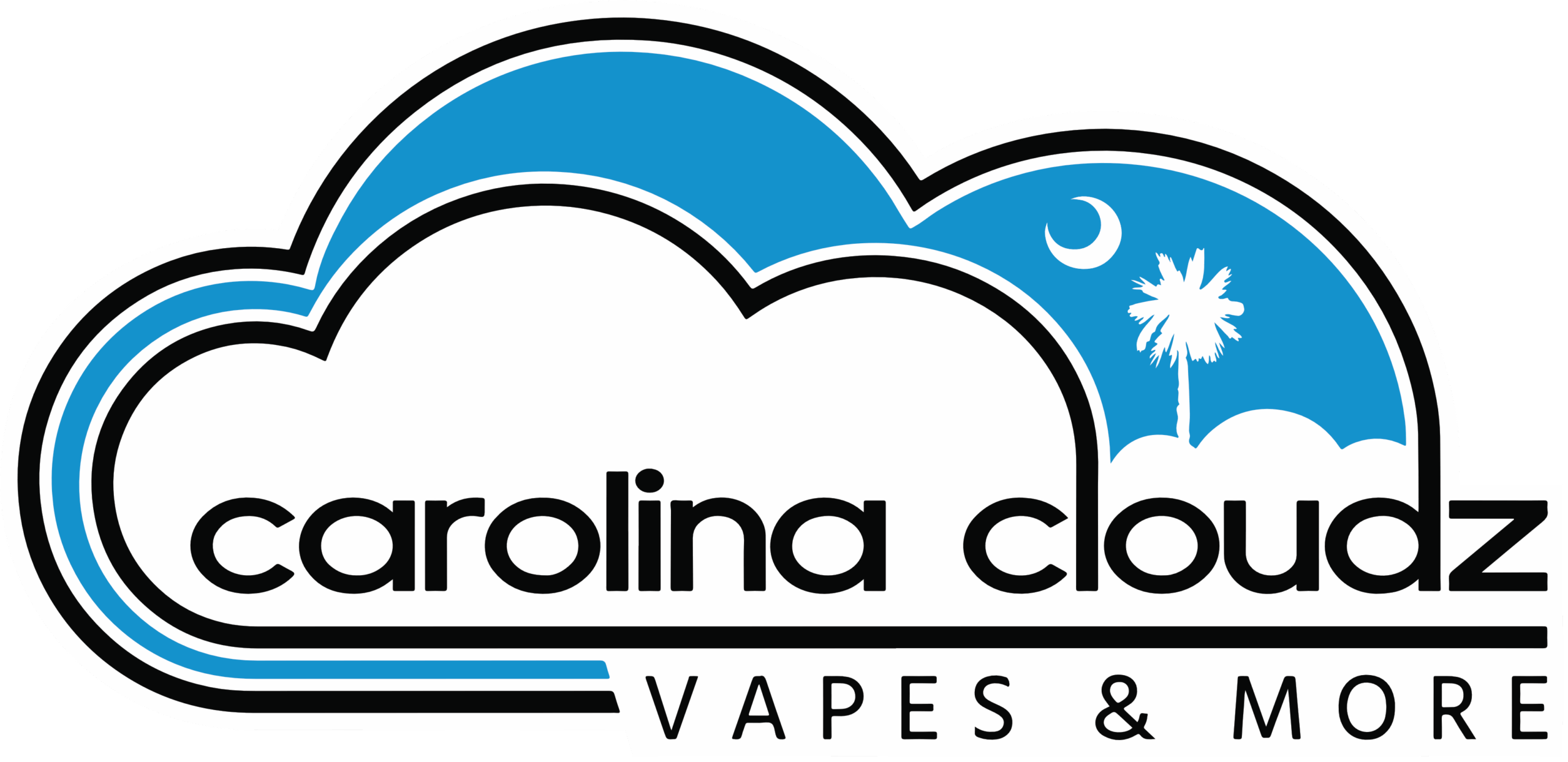 Carolina Cloudz logo featuring overlapping blue and white cloud outlines with a white palmetto tree and crescent moon, and the text “Carolina Cloudz Vapes & More.